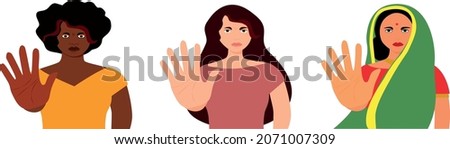 All colors are beautiful. Black life matter. Say no to racism. Three woman gesture stop. Flat vector illustration.