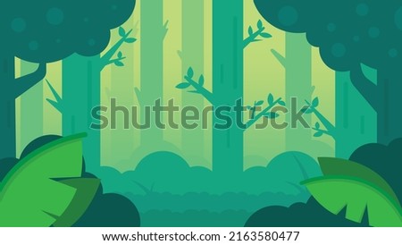 Deep forest scene with mist. This nature scene in the forest is full of big trees, mist and bushes. vector illustration 