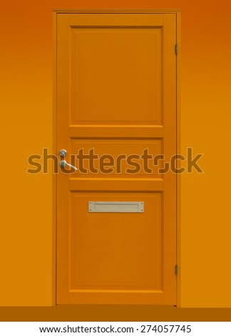Closed orange door on red and orange background with handle, lock and mail drop