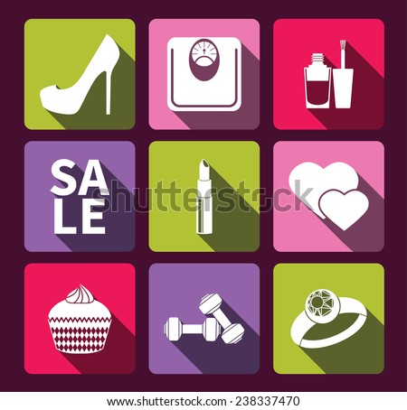 Women\'s interests flat icon set. Wellness, beauty, shopping, lifestyle, health