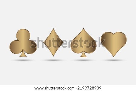 Gold playing card suits, spade, heart, club and diamond vector set for your design or logo. Realistic deck cards isolated on white background