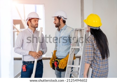 Engineer foreman discussion work control to building construction working in site,New house builder,House improvement concept. Stock fotó © 