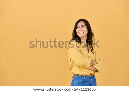 Similar – Image, Stock Photo Traveler woman brunette with long hair, backpack hiking trough the nature in mountains fall seasons