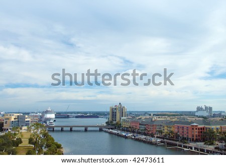 Harbor view of Tampa, Florida from high up, with ocean liner, marina, condos and river walk