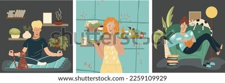 Three illustrations on the theme of hobbies, leisure, pastime, relaxing enjoyable activities for fun and joy. Uplifting things, happy men, women, people enjoying their holidays. 