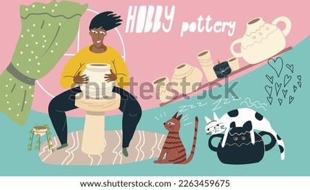 Collage on the theme of hobbies, free time, pottery, clay pots, modeling, domestic cats watching the potter's wheel, cartoon characters vector illustration.