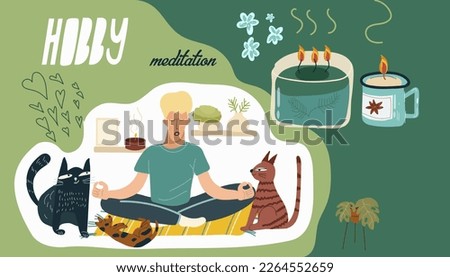 Collage on the theme of hobbies, free time, the character of a guy, a man sitting in a lotus position, meditation, yoga, relaxation, pets, vector illustration.