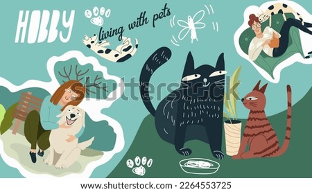 Collage on the theme of hobbies, free time, the character of a girl, woman, cats and dogs walking in the park, sitting in a chair with a cat, pets, vector illustration.