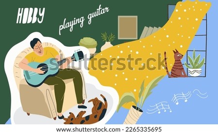 Hobby theme collage, free time, guy character, man sitting on armchair and playing guitar, ukulele, cat snuggles against his cheek, pets, vector illustration.