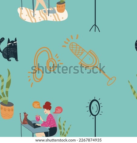 Seamless pattern on the theme of recording podcasts, girl, woman recording a podcast at home, pets, cats, cartoon characters vector illustration.