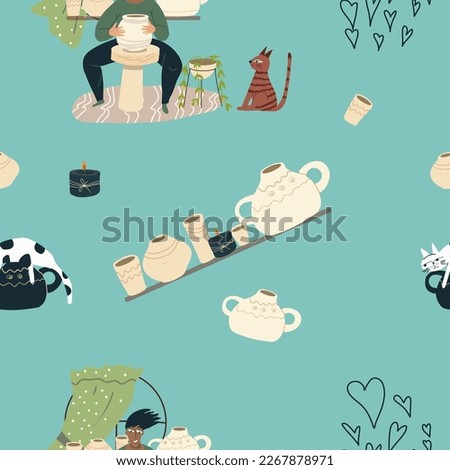 Seamless pattern, hobby theme wrapping paper, free time, pottery, clay pots, modeling, domestic cats watching the potter's wheel, cartoon characters vector illustration.