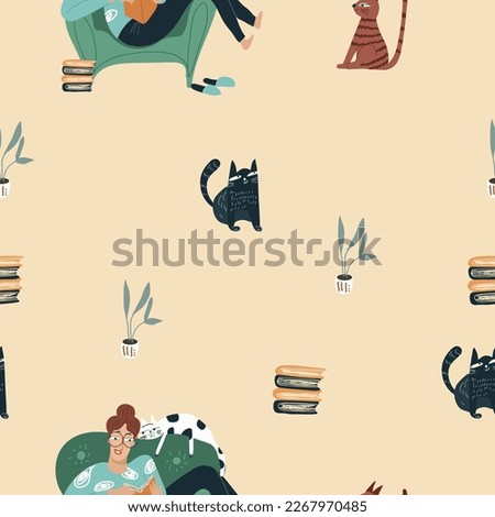 Seamless pattern, digital paper, wrapping paper on the theme of hobbies, free time, girl character, woman sitting in a chair with a cat and reading a book, relaxation, pets, vector illustration.