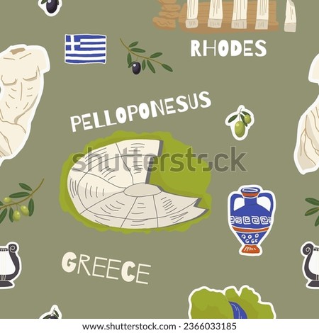 Vector illustration seamless pattern of hand drawn landmarks, attractions, sights, and symbols of Greece in doodle style. Tourism, travel.