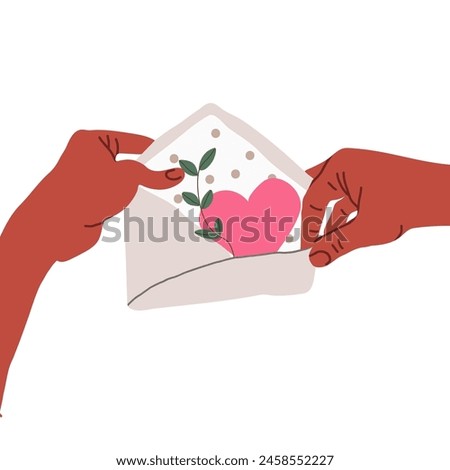 A black man's hands open a paper envelope with a Valentine, a heart, a greeting, an invitation. Handwritten correspondence. Flat vector illustration of mail isolated on white background