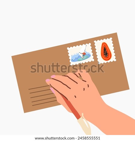 The  man's hand writes the address on a kraft envelope, fills in the lines. Postage. Hand drawing vector illustration on white background isolated.