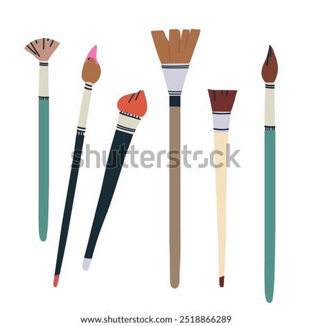 Paint brushes kit for drawing. Painting tools, art supplies. Thick and thin bristles set. Paintbrushes of different size, shape, type, kind. Flat vector illustration isolated on white background