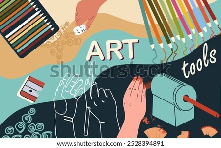 Collage art tools, workshop, fine art,  vector flat illustration, people characters, art supplies, background,  illustration, template, layout, decorative, element, collection. Hand drawn design.