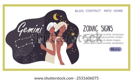 Landing page with Gemini zodiac sign, avatar female horoscope. Modern woman character, stylish astrological personality. Trendy girl with horns, with lamb, goat. Flat graphic vector illustration.