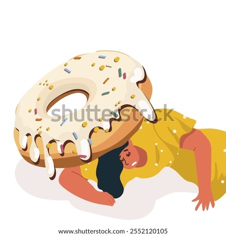 An unfortunate woman bends under the weight of a large donut,trying to get up, a metaphor for sugar addiction. Flat vector illustration, hand drawn.