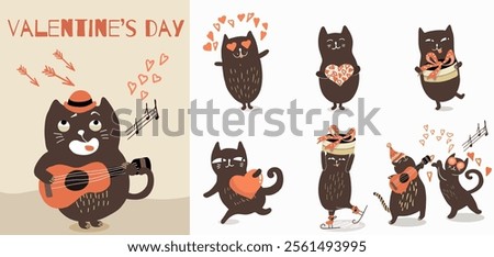 Cute vector set with illustration with cute hand drawn cats for Valentine's Day. Funny cats with hearts busy expressing their love. Festive inspiration for valentine's day.