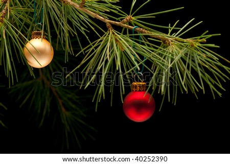 Red and golden matte bauble christmas ornaments on pine tree branch. Black background. Shallow focus on golden ball.
