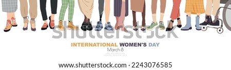 International Women's Day banner. March 8. Different women stand side by side together. Modern concept.