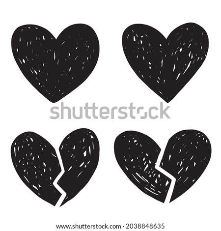 Vector heart sketch doodle illustration set  with broken heart shape. Black and white monochrome collection