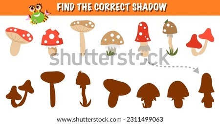 Tree forest Woodland shadow search matching exercise game vector. Printable worksheet learning study page nursery childish activity playful  minimalist scandinavian mushroom plants