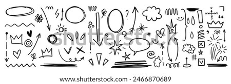 Scribble checkmark doodle comic set heart, arrow, highlight underline text vector cute minimalist simple illustration.