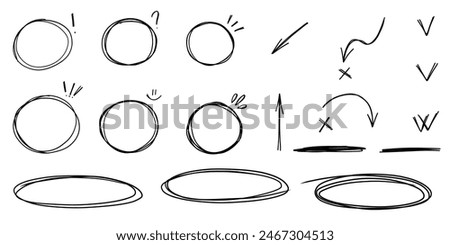 Scribble circles, oval checkmark doodle comic set heart, arrow, highlight underline text vector cute minimalist simple illustration.