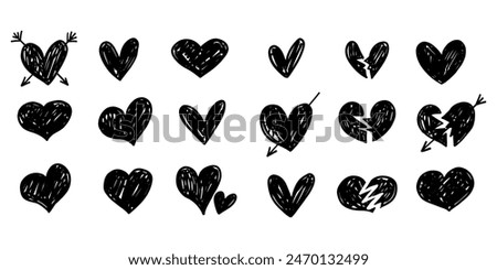 Vector heart icon sketch doodle illustration set with broken heart shape. Black and white monochrome collection