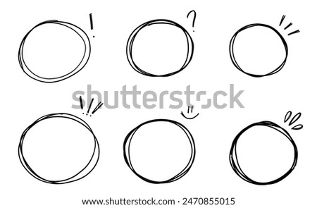 Circle speech bubble, oval checkmark doodle comic set heart, arrow, highlight underline text vector cute minimalist simple illustration.