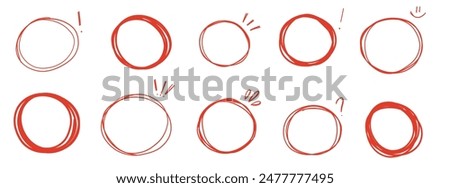 Red circle speech bubble, oval checkmark doodle comic set heart, arrow, highlight underline text vector cute minimalist simple illustration.