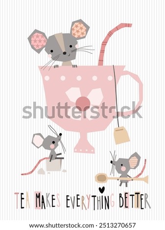 Cute mouse mice tea cup mug family with sugar cube afternoon hand drawn postcard childish cartoon nursery print illustration