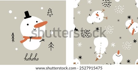 Cute snowman christmas seamless pattern scandinavian boho style with cute character cartoon nursery toddler style. Fabric wallpaper background