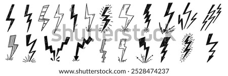 Doodle thunder lightning stroke storm energy sketch scribble set hand drawn simple line elements for scrapbook, mark, notebook.