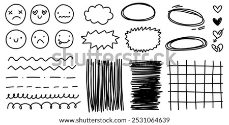 Cute doodle line art hand drawn heart, smiles face, emotions scrapbook underline highlight speech bubbles collection.