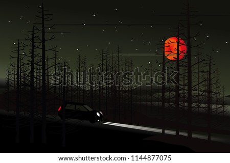 vector black car driving on the local road on dark forest  and big red moon. holloween background