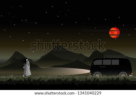 vector black car driving on the local road on dark forest  and big red moon.Mysterious woman on the road. holloween background.
