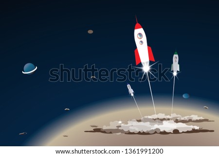 vector three rocket on the space.Without gravity.start up