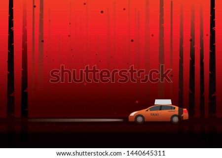 vector taxi car driving on the local road on dark red forest  . holloween background
