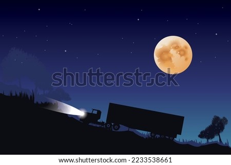 vector black container truck driving on the local road on dark forest  and big  fullmoon. holloween background