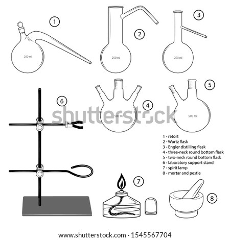 Set of chemical equipment, glassware. Mortar and pestle, retort, spirit lamp, laboratory support stand, Engler distilling flask, Wurtz flask, three-neck round bottom flask, two-neck round bottom flask