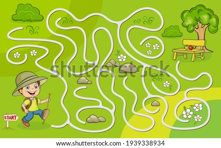 Maze game for kids. Help to the young tourist to get to the apples under the tree.