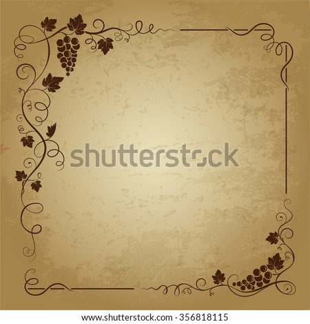 Decorative square frame with bunch of grapes, grape leaves,  swirls on grunge background. Vector image.