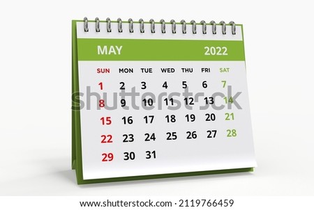 Standing Desk Calendar May 2022. Business monthly calendar with metal spiral-bound, the week starts on Sunday. Monthly Pages on a white base and green title, isolated on a white background, 3d render. Foto d'archivio © 