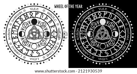 Wheel of the year vector illustration of pagan equinox holidays ostara, beltane, litha. Wiccan magical solstice calendar. Futhark runes, cycles of the moon, four elemental elements, Altar poster, wicc