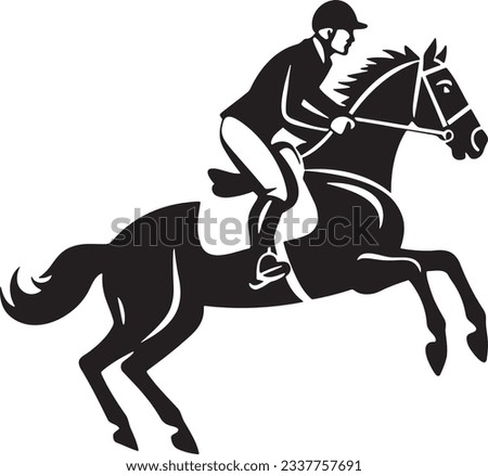 Horse and rider jumping, Basic simple Minimalist vector graphic, isolated on white background, black and white