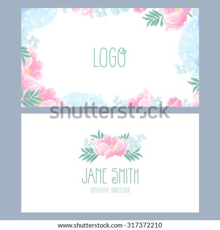 Vector floral business card template with beautiful peonies and hydrangea flowers