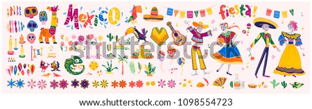 Big vector set of mexico elements, skeleton characters, animals in flat hand drawn style isolated on white background. Icons for fiesta, celebration, national patterns, decoration, traditional food.